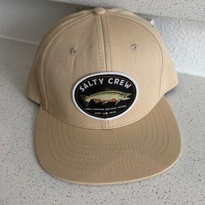 Salty Crew Snapback Hat Tan with Sink or Swim Fish Patch